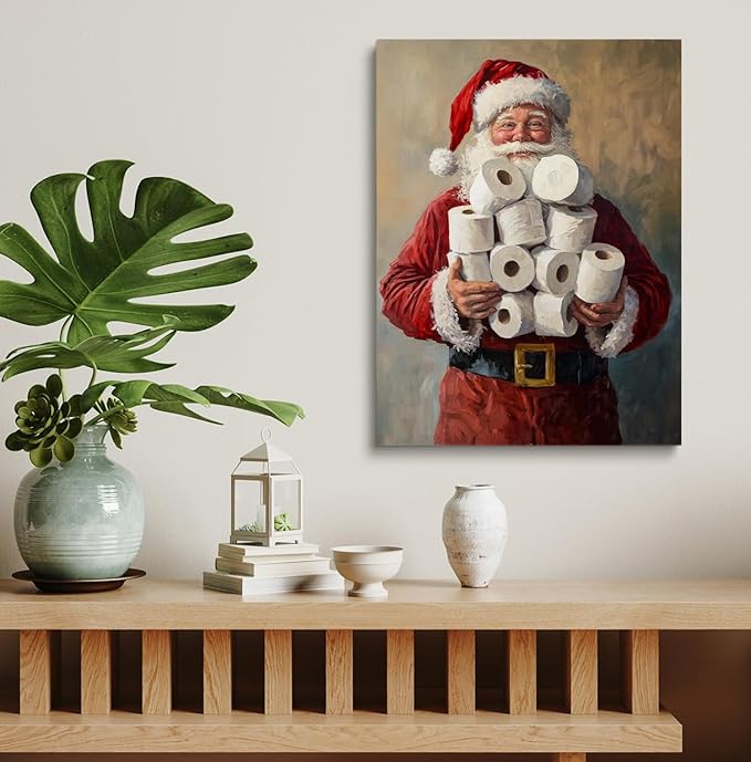 Funny Toilet Humor Decor, Santa on Toilet Print, Restroom Amusing Gift, Christmas Bathroom Wall Decor - 24x32inch Unframed