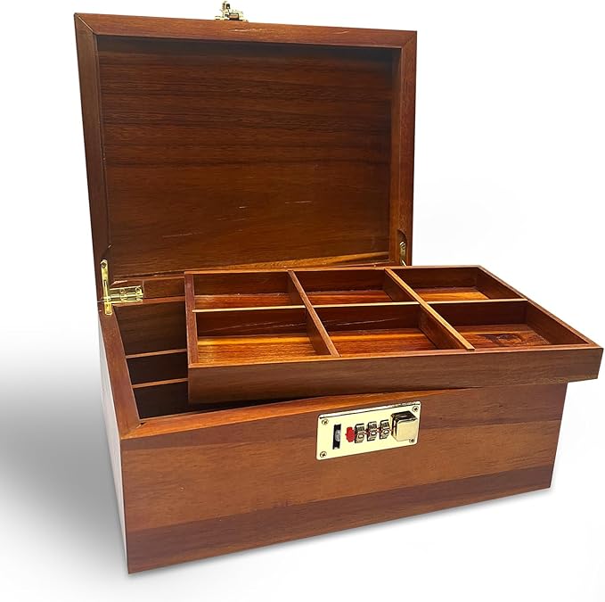 Large Acacia Wooden Storage Box with Hinged Lid and Combination Lock Decorative Boxes with Removable Tray Memory Box Keepsake Chest Stash Boxes Lockable Chest for Jewelry Accessories Treasured Items