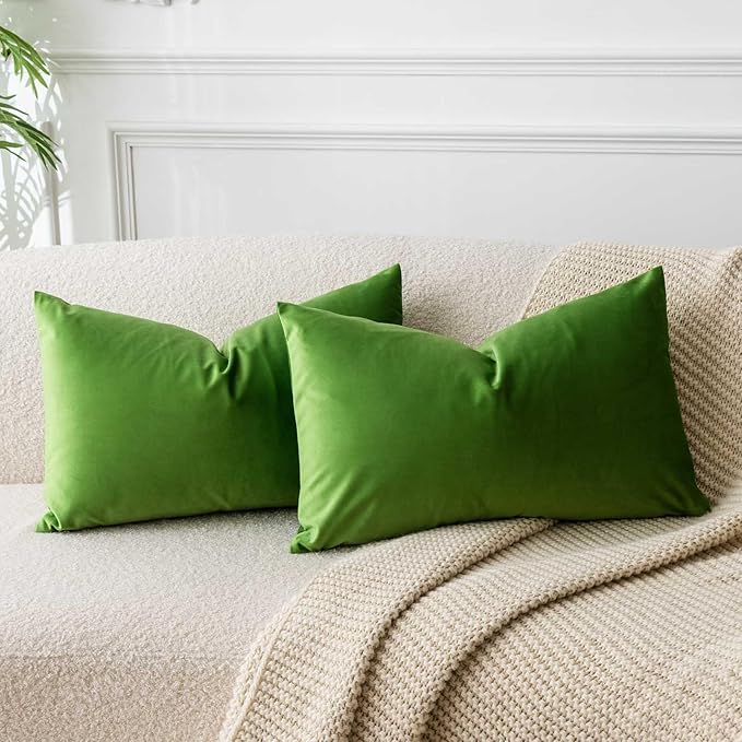 JUSPURBET Throw Pillow Covers Set of 2 Decorative Velvet Pillow Covers for Couch Sofa Bed Soft Lumbar Cushion Covers with Invisible Zipper for Living Room Home Decor,Apple Green,14x24 inch
