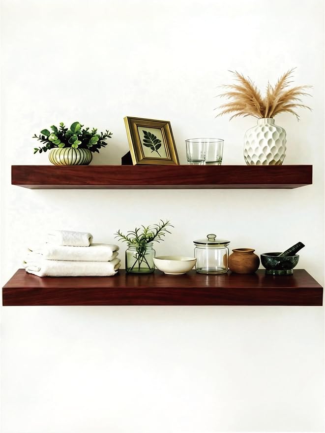 Solid Wood Floating Shelves,40in Finished Real Wood Wall Shelves with Heavy-Duty Hidden Bracket, Easy Installation, Set of 2, 40in x 7.9in x 1.5in, for Living Room Bedroom Kitchen,Walnut