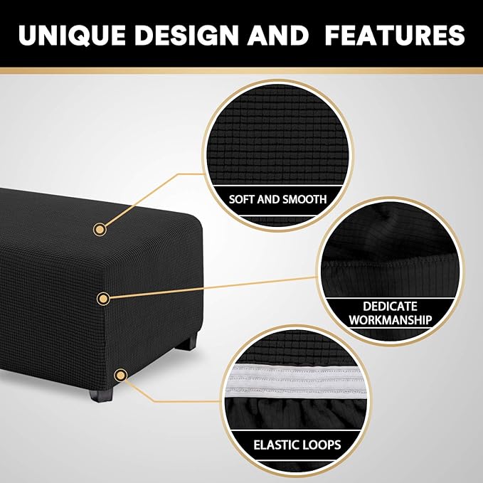 PrinceDeco Stretch Ottoman Cover Ottoman Slipcovers Rectangle for Living Room Foot Stool Stretch Covers to Fit Ottoman Foot Rest, Thick Checked Jacquard Fabric with Elastic Bottom (Large Size, Black)