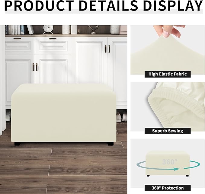 Easy-Going 100% Dual Waterproof Stretch Ottoman Cover 30x30x15inch Square Folding Storage Stool Furniture Protector Soft Slipcover for Living Room Ivory