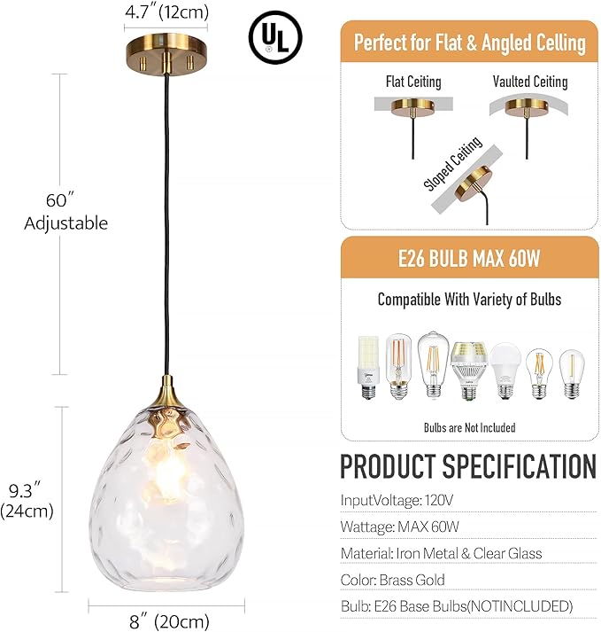 Gold Pendant Lighting with Clear Hammered Glass Shade, 1-Light Art Deco Hanging Lamp for Kitchen Island, Dining Room, Bedroom (Clear Glass Shade)