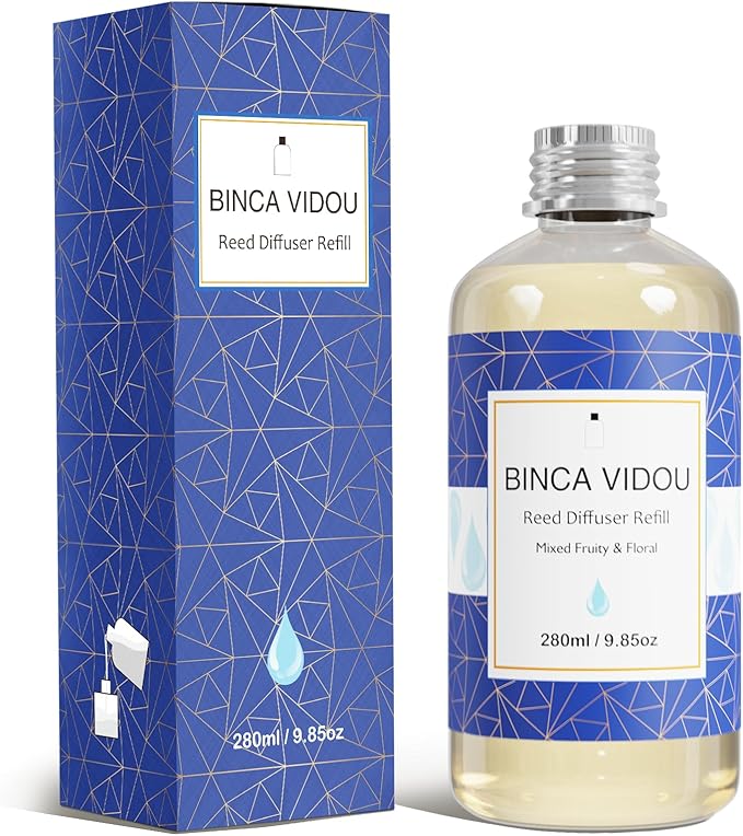 Reed Diffuser Oil Refill, Binca Vidou Mixed Fruity and Floral Bergamot Vanilla Lavender and Jasmine Scented Oil Include 12 Sticks for Bathroom Bedroom Office 9.85oz/280ml