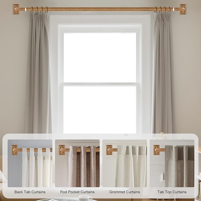 Wood Curtain Rods 2 Pack, Heavy Duty Wrap Around Curtain Rod for Windows 28 to 48 Inch, 1" Adjustable Decorative Blackout Curved Drapery Pole, Modern Room Darkening Rod, Window Treatment Rods