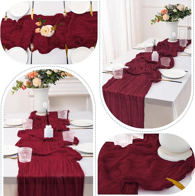 10 Pack Burgundy Cheesecloth Table Runner,10FT/120 Inch Boho Gauze Fabric Table Runner,Rustic Sheer Burgundy Cheese Cloth Runner Bulk for Wedding,Bridal Baby Shower,Birthday Party,Holiday Table Decor