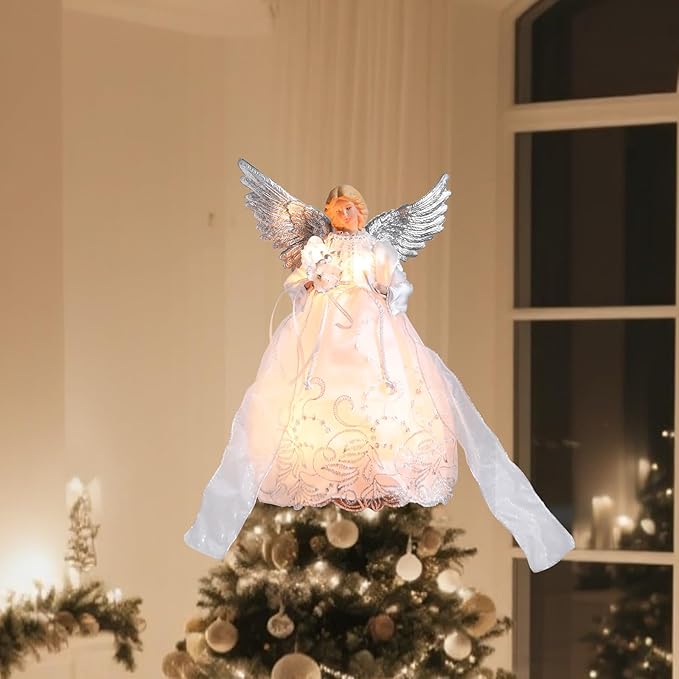 Vigdur Christmas Angel Tree Topper - 13Inch Lighted Angel Christmas Tree Topper Plug-in with LED Lights, Elegant Angel Christmas Decorations for Home Holiday Party Wedding Xmas Gifts