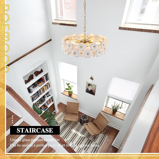 Modern Flower Elegant Glass Chandelier 20" Luxury 6 Lights Gold Chandelier Light Fixture for Living Dining Room Kitchen Entryway Bedroom Foyer, E12