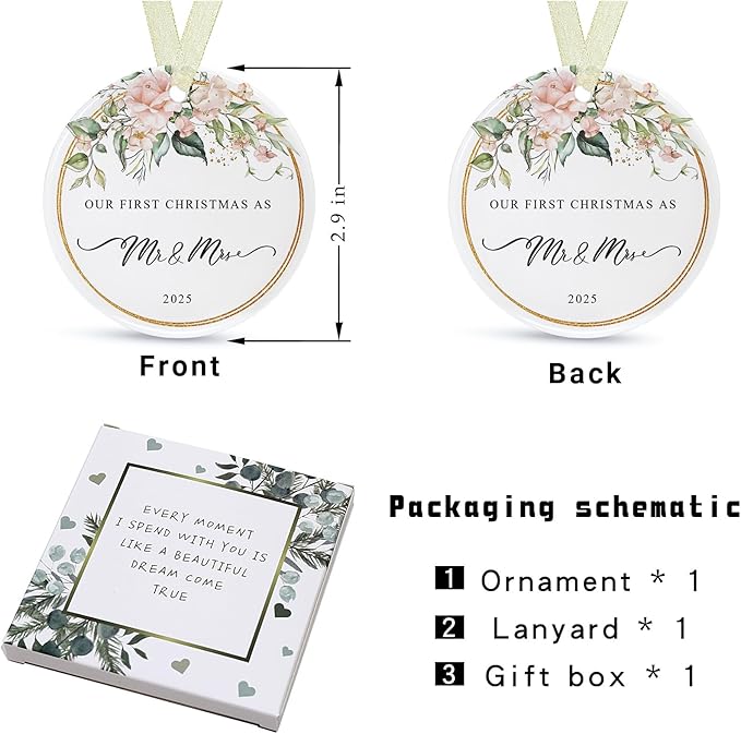 First Christmas as Mr and Mrs Ornament 2025,1st Year Wedding Ornament for Newlywed,Our First Married Christmas Ornament,Ceramic Hanging Decoration for Couples Just Married with Gift Box&Ribbon 2.9"