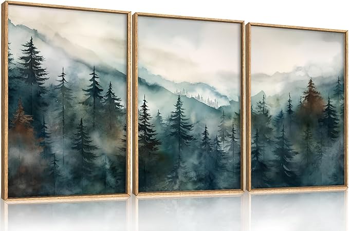 KAIRNE Watercolor Misty Forest Framed Canvas Wall Art Set, Nature Landscape Wall Decor, Foggy Mountain Pine Trees Wall Painting, Jungle Scenery Artwork for Living Room, Bedroom, Office - 24"x36"x3
