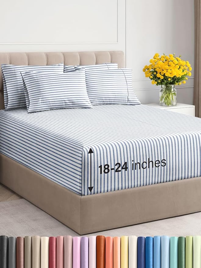 Extra Deep Queen Sheet Set - 6 Piece Breathable and Cooling Sheets - Hotel Luxury Bed Sheets Set - Easy Fit - Soft, Wrinkle Free and Comfy Sheets Set - Blue Striped Sheet Set with Extra Deep Pockets
