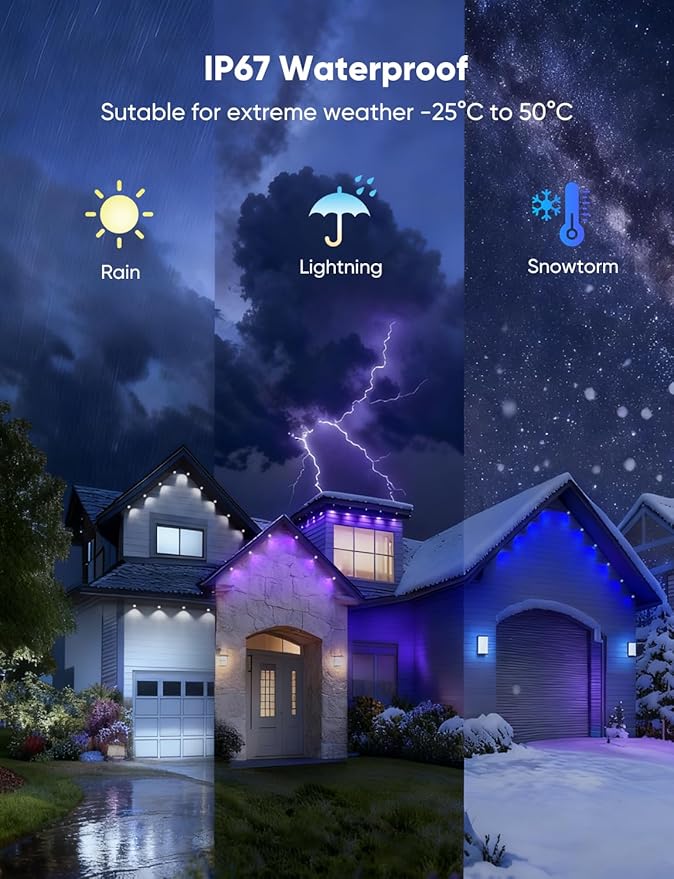 APPECK Permanent Outdoor Lights 400ft with 288 LED Lights, 144W Smart RGBW Eaves Lights,DC 36V, 40LM, IP67 Waterproof String Lights for Christams, Party Decor, Compatible with Alexa, Black