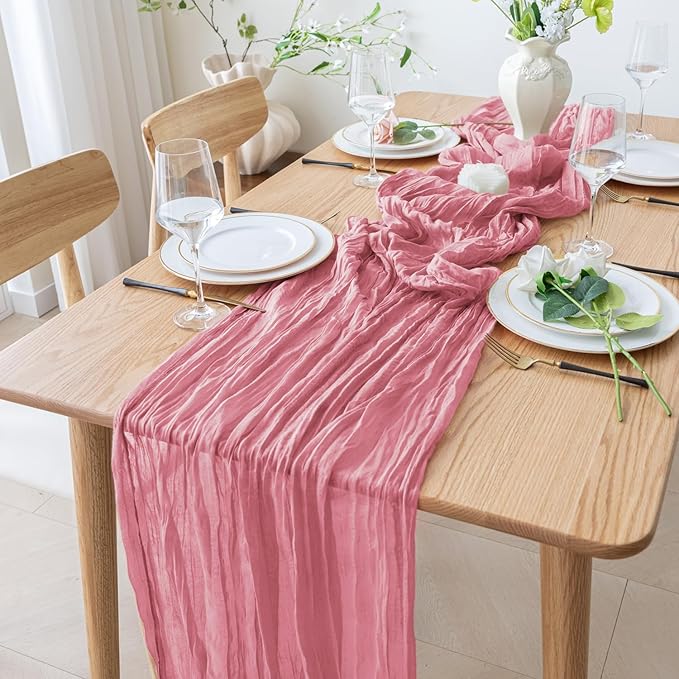 3PCS Table Runner Cheesecloth 10FT Dusty Rose Boho Gauze Cheese Cloth Rustic Sheer Table Runners for Wedding Birthday Bridal Baby Shower Party Decoration