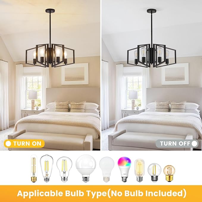 WJShome Black Chandelier, 4-Light Farmhouse Dining Room Light Fixture/Chandelier Over Table, Geometric Pendant Lights Kitchen Island, for Entryway, Foyer, Hallway