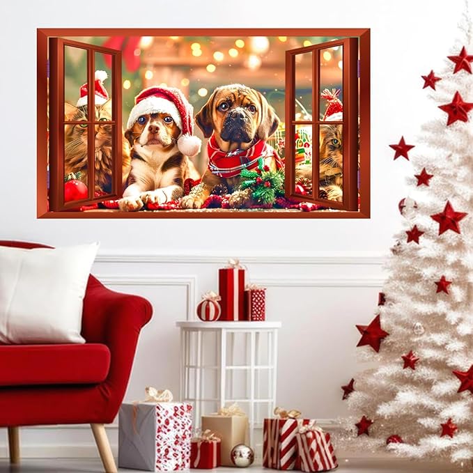 Christmas Dog Wall Stickers Decor 3D Fake Window Wall Decal Mural Christmas Cat Xmas Puppy Dog Decals Holiday Wall Sticker Animal Fake Window Wall Stickers Party Decorations
