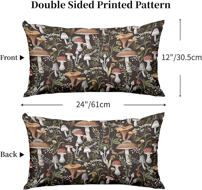 Moody Botanical Pillow Protectors with Zipper Standard Size Dark Academia Mushroom Strawberry Print Pillow Covers Set of 2 Rustic Nature Plant Pillow Cases Black Bed Pillow Covers 12"x24"