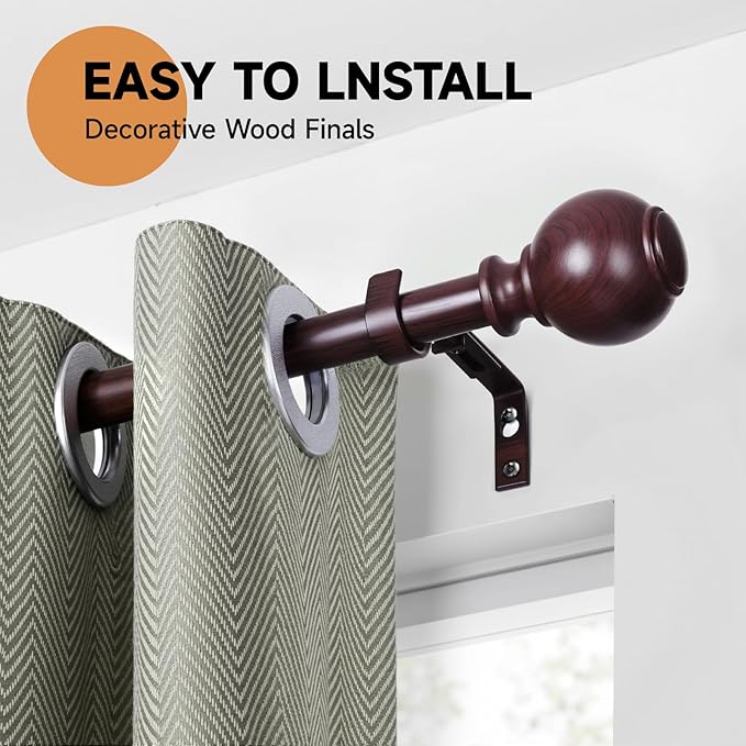 Red Wood Curtain Rods for Windows 66 to 120 Inches,1 inch Heavy Duty Window Curtain Rod with Imitation Wood Grain Finials,Decorative Drapery Rods Adjustable, 28"-120"(2.3-10ft)