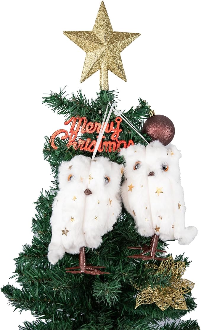 Cartanfill-Christmas Tree Owl Ornaments Set with Gold Star Topper, Plush Decorative Winter Birds, Pink Mint Brown White (B 2PC)