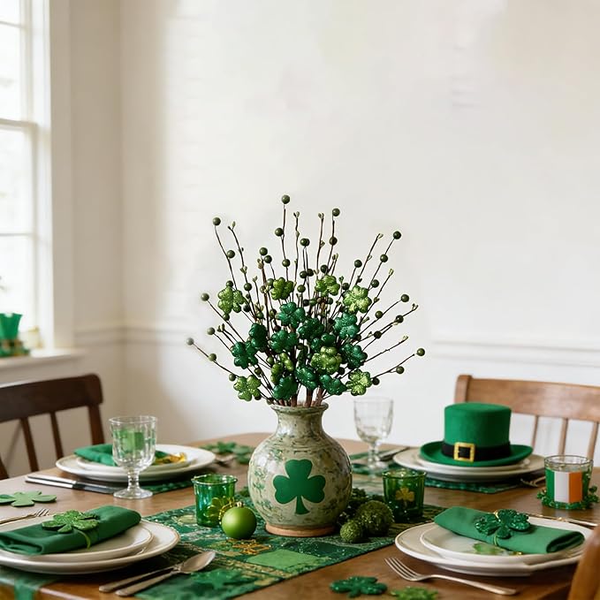 Bibelot 6 Pack Artificial Shamrock Picks, Glitter Clover Stems with Berries, St Patricks Day Picks for Table Centerpieces Home Holiday Decor DIY Crafts