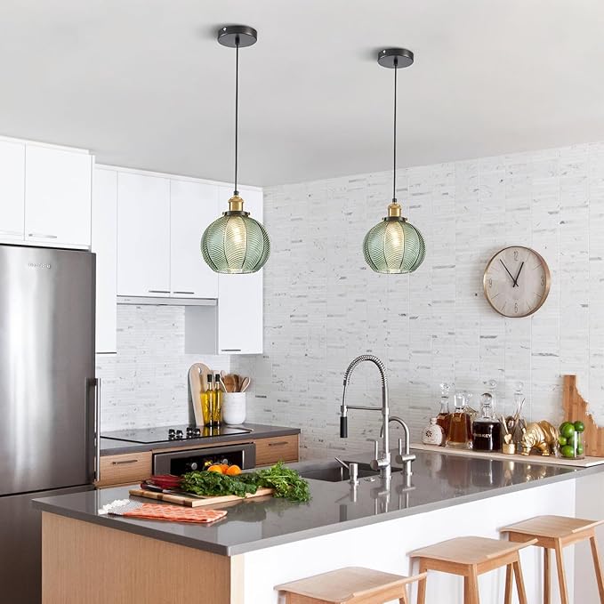 7.8in Vintage Pendant Light 1- Light Kitchen Sink Pendant Lights with Green Hand Blown Glass Small Hanging Lamp for Kitchen Island Dining Room Bedroom Bathroom Hallway E26