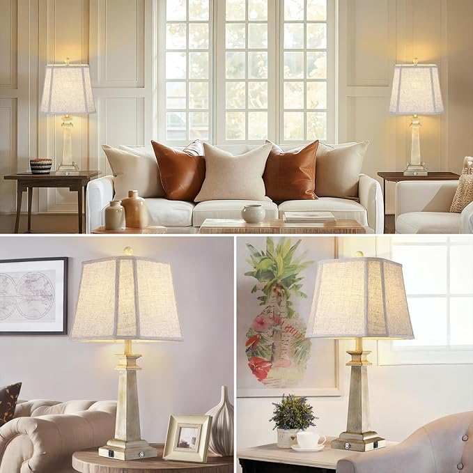 27.5" Table Lamps Set of 2, 3-Way Dimmable Touch Lamps for Nightstand, Farmhouse Table Lamp for Living Room and Bedroom with USB A+C Charging Ports, Bulbs Included (Antique White)