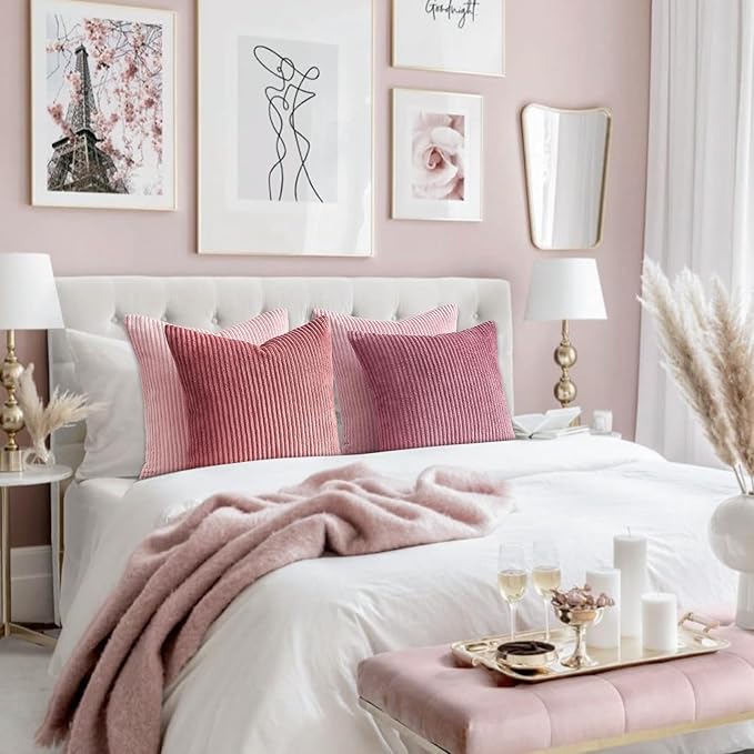 Topfinel Throw Pillow Cover 4pc Set - Multi Pink Combo - 26" x 26" Solid Cozy Corduroy Square Accent Decorative Cushion Case for Couch Sofa Chair Bed & Home, Only Covers