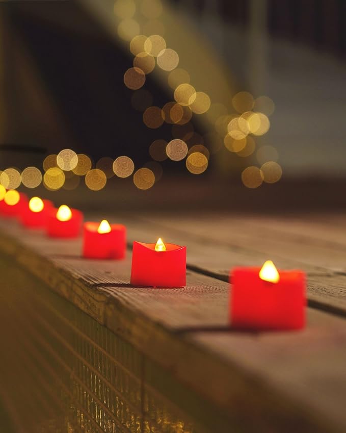 Homemory Red Tea Lights Candles Battery Operated, 200+Hour Flameless Flickering Fake Electric LED Colored Tealights Candles for Party, Wedding, Anniversary, Halloween, Christmas, 24-Pack