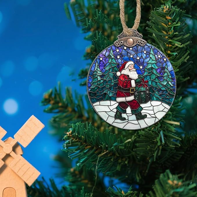 Stained Glass Christmas Decorations, Santa Claus Giving Gifts Suncatcher for Window Christmas Tree Hanging Ornaments Landscape Sun Catcher Xmas Decor Gifts for Women Men Mom Nana Friend