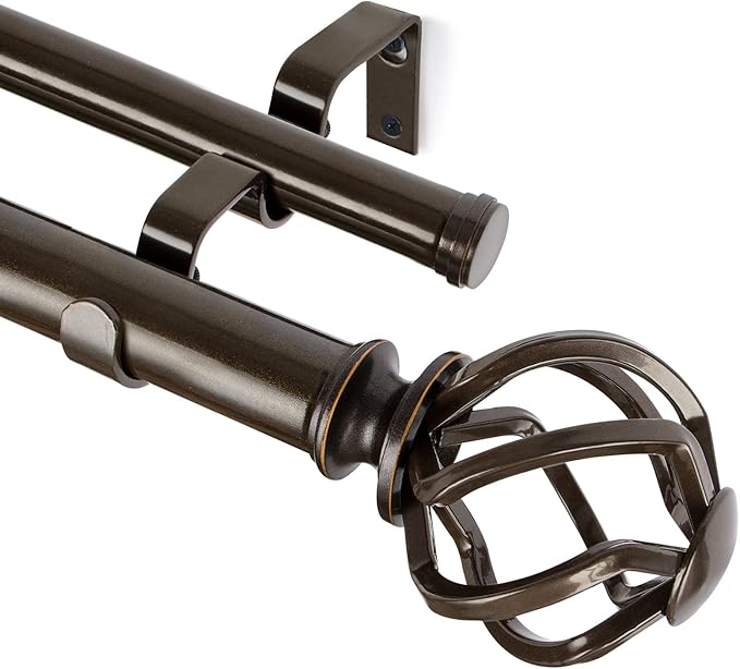 KAMANINA 1 Inch Double Curtain Rod 72 to 144 Inches (6-12 Feet), Antique Bronze Curtain Rods for Windows 66 to 120, Heavy Duty Telescoping Drapery Rods with Twisted Cage Finials