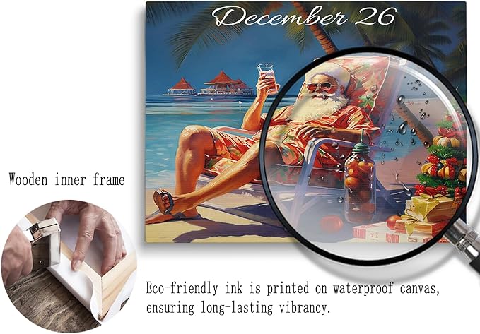 Tropical Christmas Art Print: December 26 Santa Relaxing On The Beach, Wall Art, Santa Claus Picture, Holiday Home Decor, Christmas Decor For Office, Bedroom, Living Room - Framed Art, 16x20 Inch