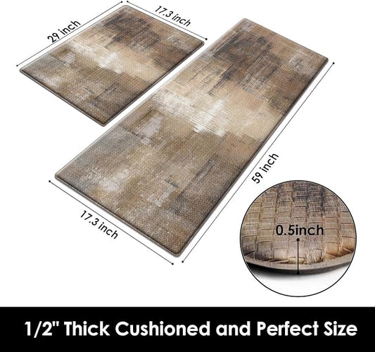 Arttown Brown Grey Painting Anti-Fatigue Kitchen Rug Set of 2 Beige Contemporary Abstract Cushioned Floor Standing Mat Waterproof Non-Slip Kitchen Mat and PVC Ergonomic Comfort Foam Rug