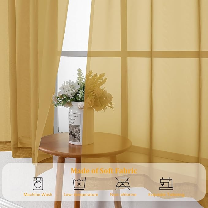Gwine Gold Sheer Kitchen Curtains 36 Inch Length, Light Filtering Voile Soft Airy Small Cafe Curtains, Short Window Curtain for Bathroom Basement, 42x36 inch, 2PCS