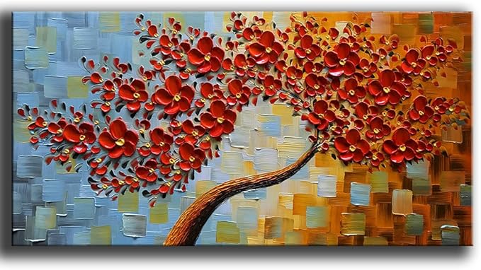 YaSheng Art -handpainted Texture Flowers Contemporary Art Oil Painting On Canvas Abstract Canvas Art 3D Red Tree Paintings Modern Home Wall Art for living room Bedroom Dining Room Office Wall Decor 24x48inch