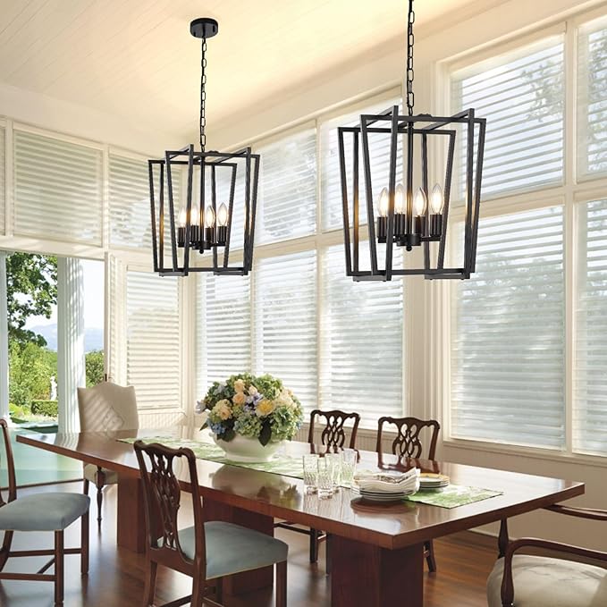 WJShome 4-Light Black Chandelier: A Must-Have Farmhouse Dining Room Light Fixture! Enjoy Modern Ceiling Lantern Pendant Style with Adjustable Height for Kitchen Island & Entryway