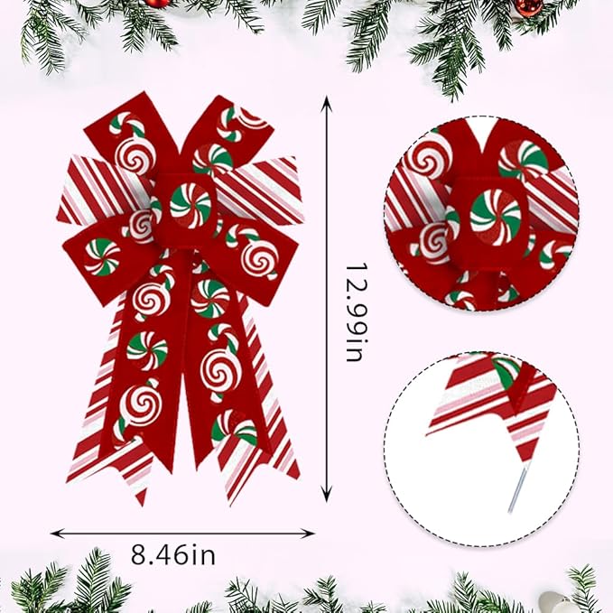 ABTOLS 2PCS Christmas Wreath Bows, Red Pink White Stripe Bows for Wreath Xmas Candy Decor Bow for Front Door Green Tree Topper Bows for Winter New Year Wall Ornaments Home Indoor Outdoor Decor