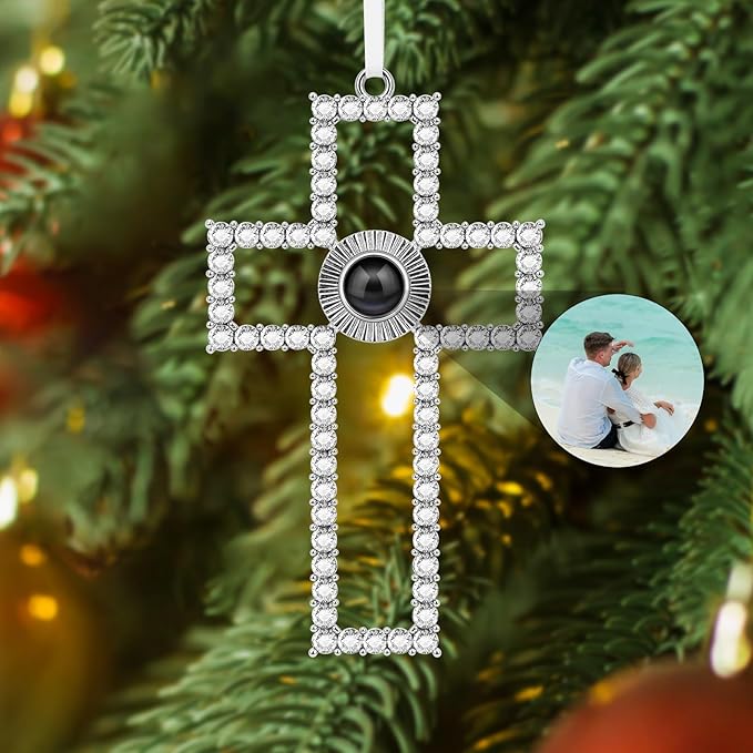 SUPHELPU Custom Cross Ornament with Picture Inside, Photo Ornaments for Christmas Tree, Personalized Christmas Projection Ornament, Customized Memorial Pendant for Xmas Family