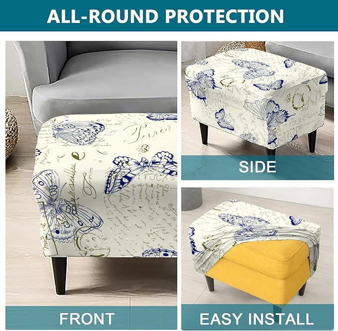 KRFOONN Stretch Ottoman Cover Slipcovers Rectangle Fit Length 39"-47" Footrest Stool Covers Printed Ottoman Cover for Foot Stool Furniture Protector with Non Slip Elastic Bottom, Color 23