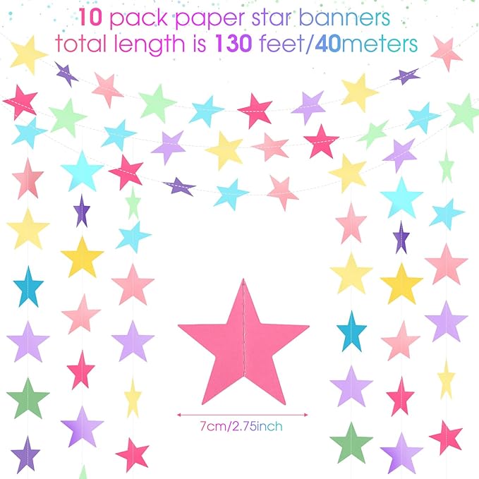 Patelai Glitter Star Garland Banner 2026 New Years Decor 130 Feet Star Hanging Banner Twinkle Backdrop for Birthday Classroom Wedding Christmas Party Supplies(Macaron Color)