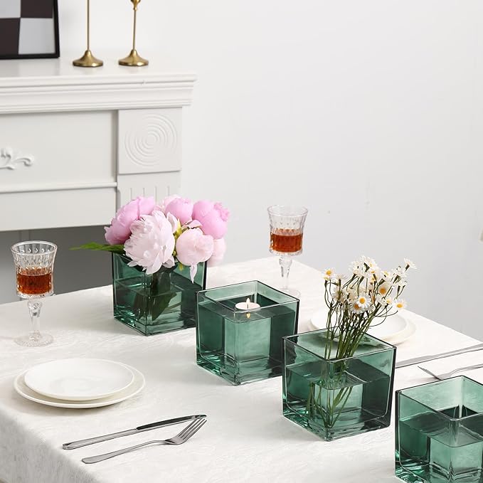 Square Green Glass Vases Set of 2, 6" x 6" x 6" Square Vase for Centerpieces, Flower Vases for CenterpieSquare Vaseces, Small Vase for Wedding, Party, Home Office Decoration