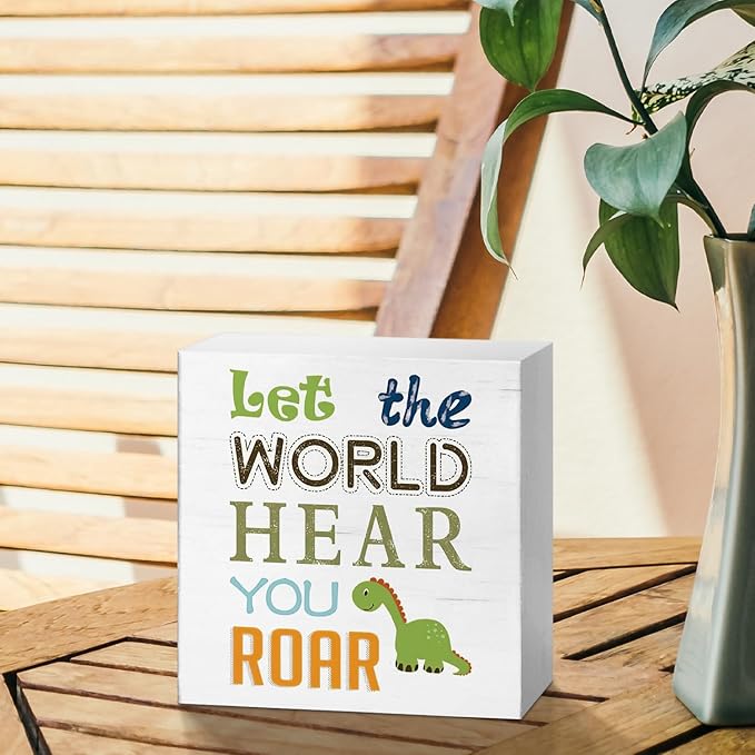 JXREQ Kids Room Decor, Funny Dinosaur Inspirational Quote Wood Box Sign, Rustic Dinosaur Desk Decor for Boys Girls Kids Bedroom Nursery Playroom Decor, 5x5 Inch