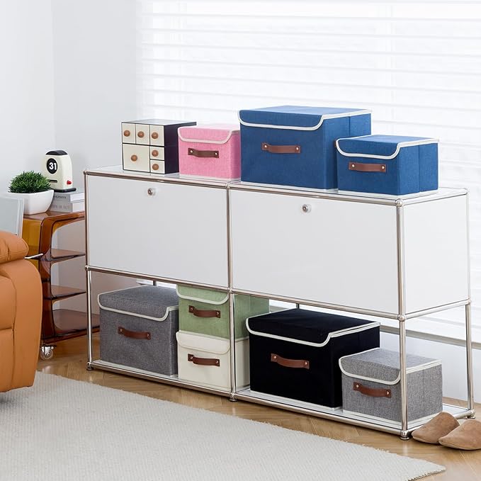 2PCS Collapsible Storage Boxes Baskets with Lid Cotton Linen Fabric Storage Bins with Faux Leather Handles Washable Cube Organizer Container for Home Closet Bedroom (Gray, Large Size)