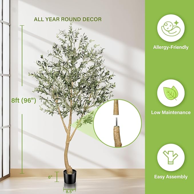 Realead 8ft Faux Olive Tree, Large Realistic Olive Trees Artificial Indoor, Tall Fake Olive Tree with Natural Wood Trunk and Lifelike Fruits for Home Office Decor