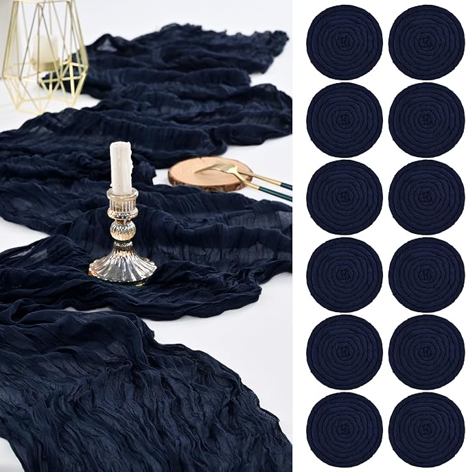 12 Pack Navy Blue Cheesecloth Table Runner,Romantic Sheer Tablerunner,10FT Gauze Boho Table Runner,Rustic Cheese Cloth Table Runners for Wedding Party Bridal Shower Table