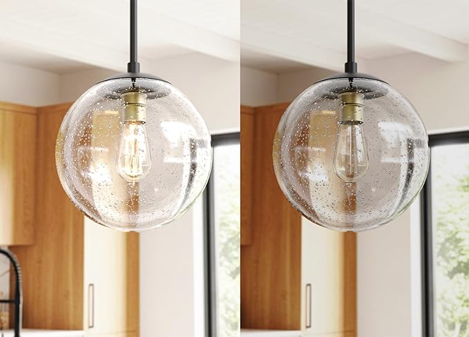Globe Pendant Lighting, Black and Gold Pendant Light for Kitchen Island, 9.5 inch Seeded Globe Glass Shade for Kitchen, Hallway, Entryway, Dining Room, Bedroom, Living Room