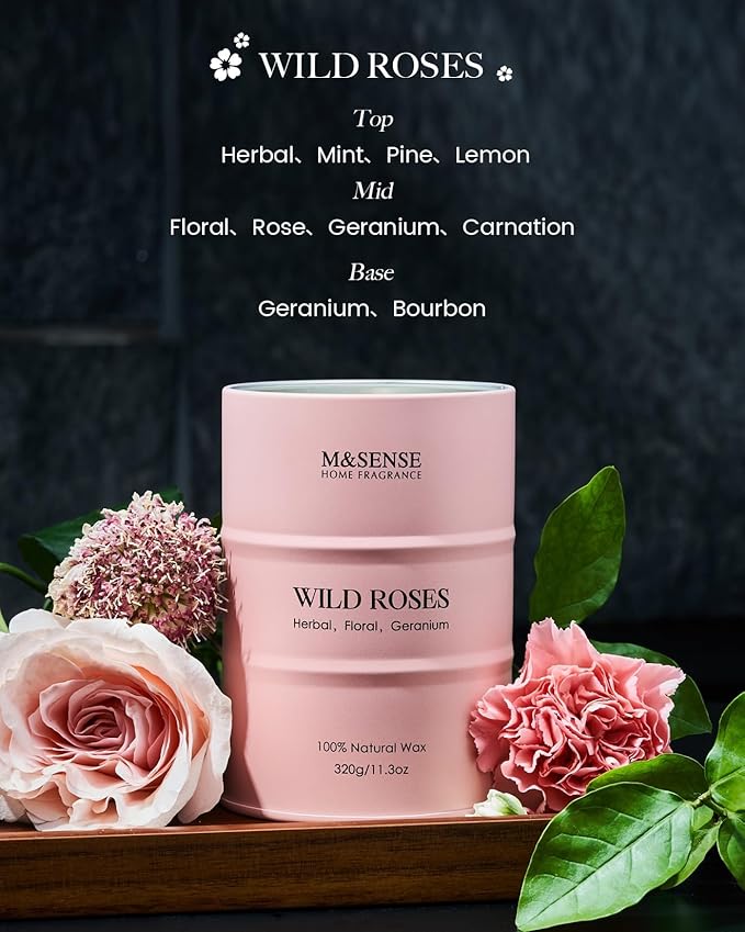 M&SENSE Wild Rose Natural Scented Candle, 70 Hours Long Lasting Soy Candles 11.3oz, Stress Relief Aromatherapy Candles for Women, Romantic Candle Gifts Valentines Day Gifts for Her