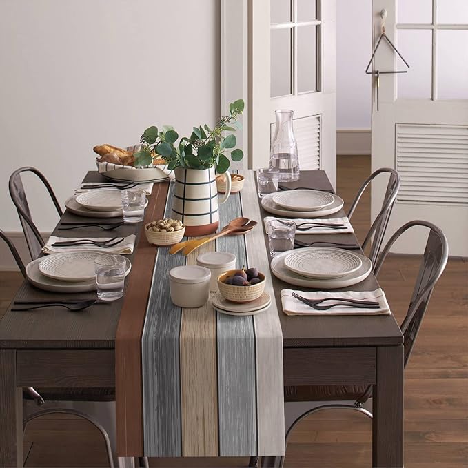 Farmhouse Cotton Linen Table Runner Dresser Scarf Retro Rustic Barn Wood Texture Ombre Ground Color Brown Grey Non-Slip Rectangle Settings Decoration for Kitchen Home Dining Holiday, 18x72 inch
