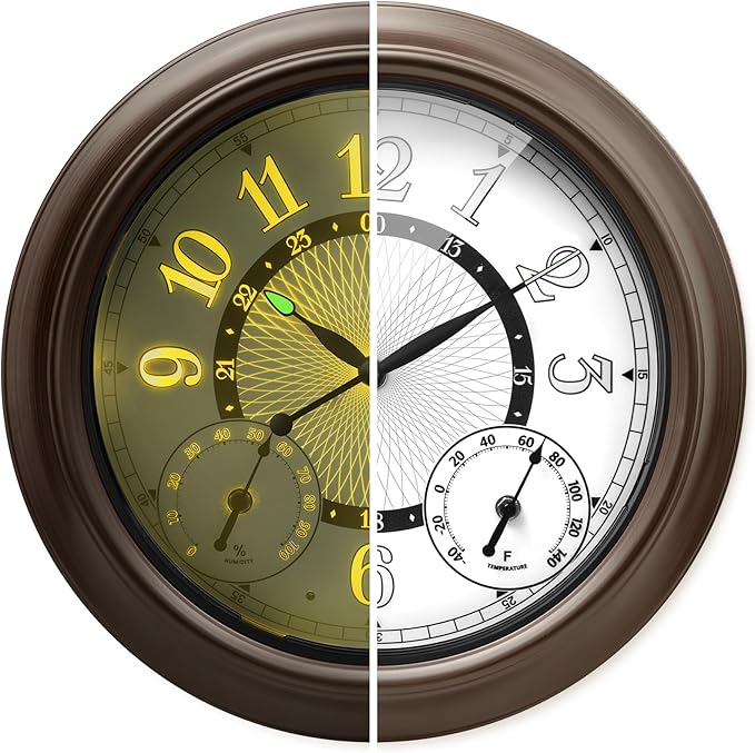 Illuminated Large Metal Outdoor Clocks Waterproof 18 Inches With AI Auto Light Smart Sensor,Extra Big Indoor Outdoor Wall Clocks With Thermometer & Hygrometer for Patio, Pool, Garden,Porch