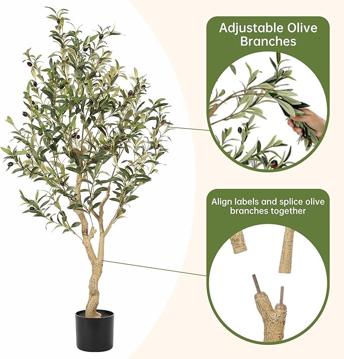 Realead Faux Olive Tree 4ft - Realistic Indoor Olive Tree Plants - Fake Olive Tree with Thick Trunk and Lifelike Fruits - Artificial Olive Trees for Modern Home Office Decor Indoor