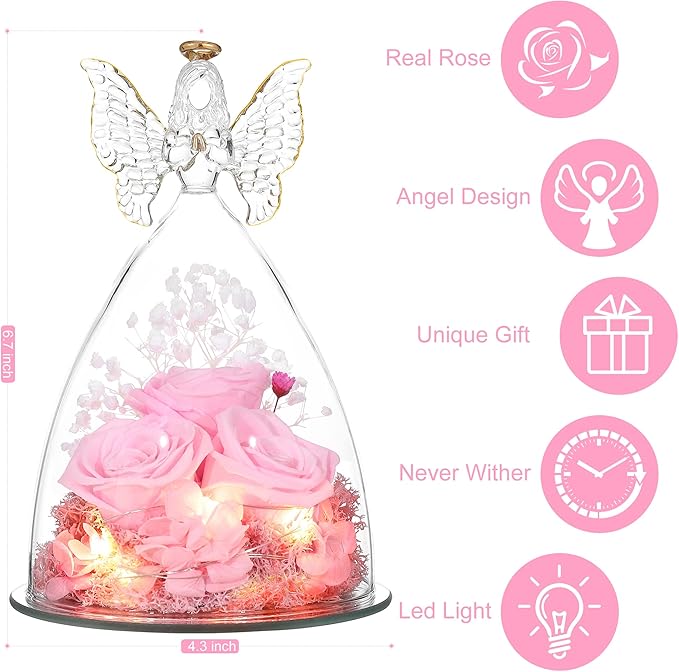Mothers Day Mom Gifts for Women Preserved Flowers in Glass Angel Forever Flowers for Delivery Prime Eternal Roses Gifts for Grandma, Peach Pink