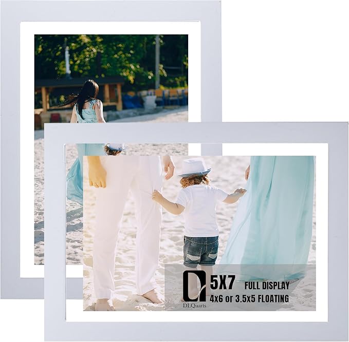 DLQuarts 5x7 Floating Picture Frames for 4x6/3.5x5 Photos, 2-Pack Solid Wood Double Polished Glass Floating Frame for Wall & Tabletop, Postcards and Any Size Photo up to 5x7 Display, White